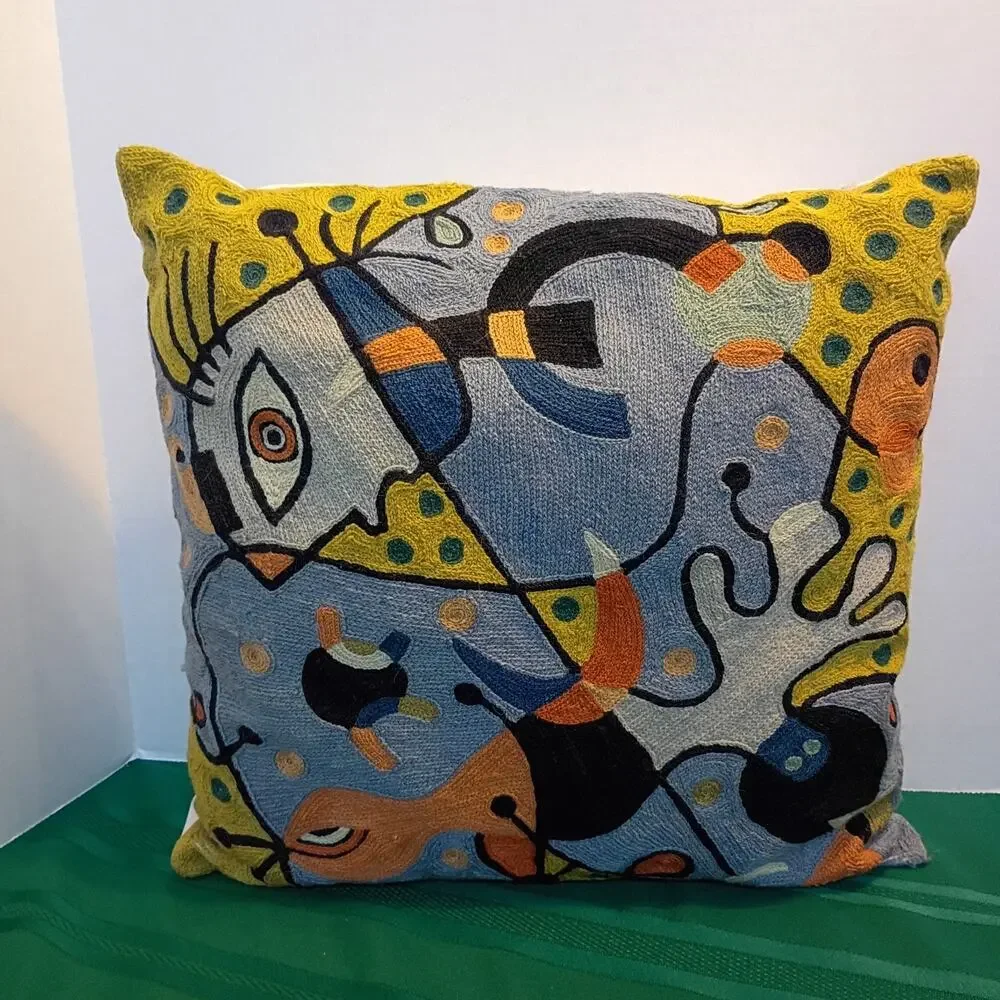 Miro Style Crewel Embroidery Cushion Cover Abstract Mid Century Modern Accent